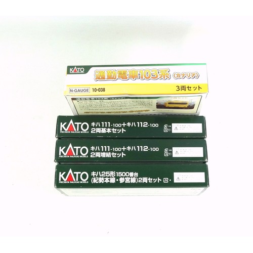 66 - Kato N Gauge 10-1165 and 10-1166 KIHA110 Series train sets, each containing 2 cars; 10-1372 KIHA25-1... 