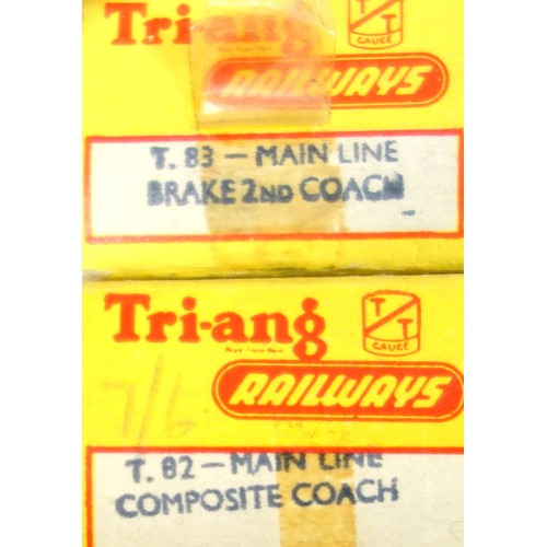 105 - Tri-ang TT gauge rolling stock, locomotive with interchangeable body, and track. Includes two coache... 