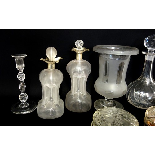 72 - Late Victorian hourglass decanter with ribbed decoration and a silver flared rim, by Mappin & Webb, ... 