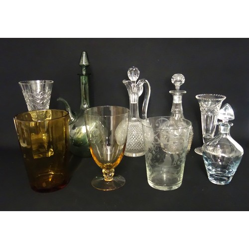 73 - Italian green glass wine cooler with stopper, H.35cm; Venetian vase with a pinched neck, cut claret ... 