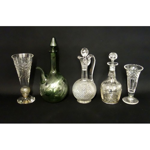 73 - Italian green glass wine cooler with stopper, H.35cm; Venetian vase with a pinched neck, cut claret ... 