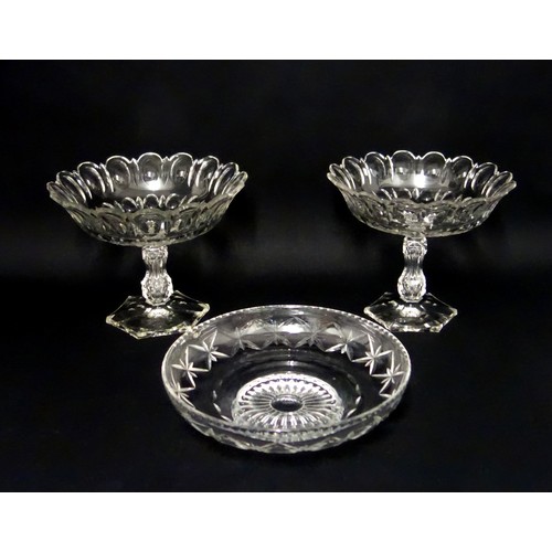 74 - Pair of Late Victorian cut glass comports, each with a circular bowl with ovolo and slice decoration... 