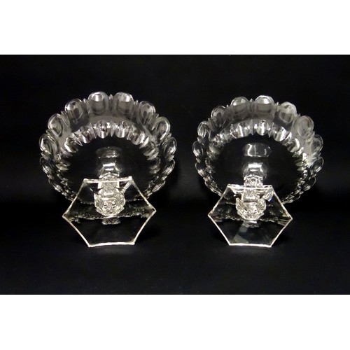 74 - Pair of Late Victorian cut glass comports, each with a circular bowl with ovolo and slice decoration... 