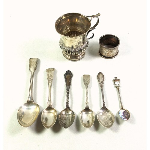 131 - Victorian silver campana shaped christening mug with twin scroll handle, chased and embossed floral ... 