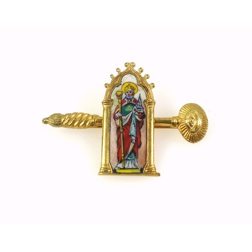 160 - Italian 9ct gold and enamel religious brooch pendant, stamped 