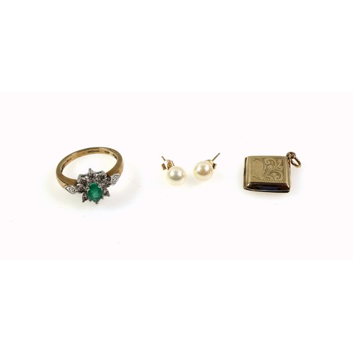 247 - 9ct gold floral ring with an emerald and 8 illusion set brilliants, 9ct lozenge set locket, and a pa... 