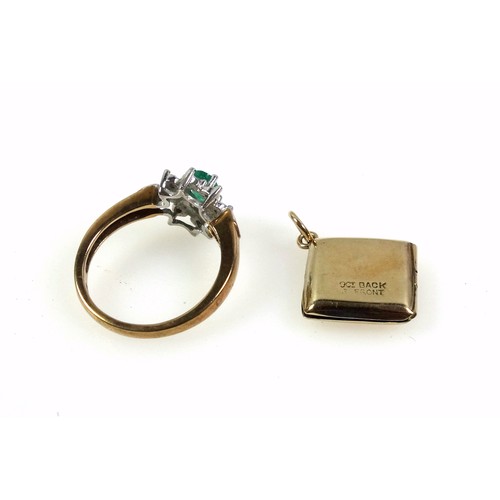 247 - 9ct gold floral ring with an emerald and 8 illusion set brilliants, 9ct lozenge set locket, and a pa... 