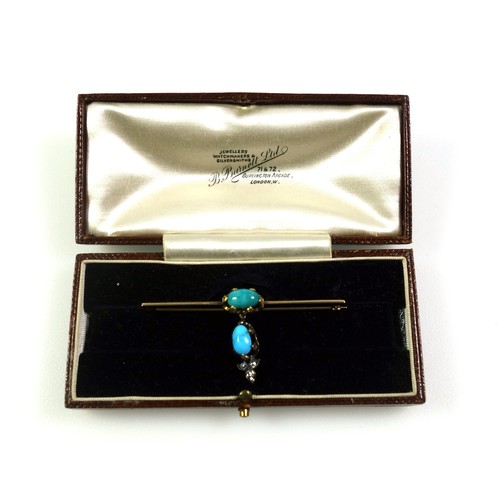 251 - Edwardian gold bar brooch set with two cabochon turquoises, each claw of the settings in turn set wi... 