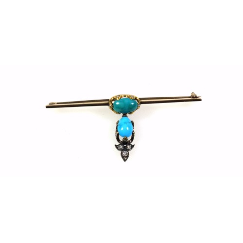 251 - Edwardian gold bar brooch set with two cabochon turquoises, each claw of the settings in turn set wi... 