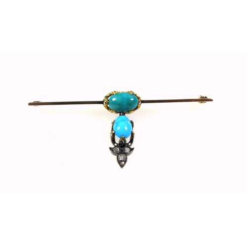 251 - Edwardian gold bar brooch set with two cabochon turquoises, each claw of the settings in turn set wi... 