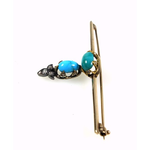 251 - Edwardian gold bar brooch set with two cabochon turquoises, each claw of the settings in turn set wi... 