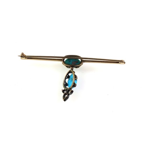 251 - Edwardian gold bar brooch set with two cabochon turquoises, each claw of the settings in turn set wi... 