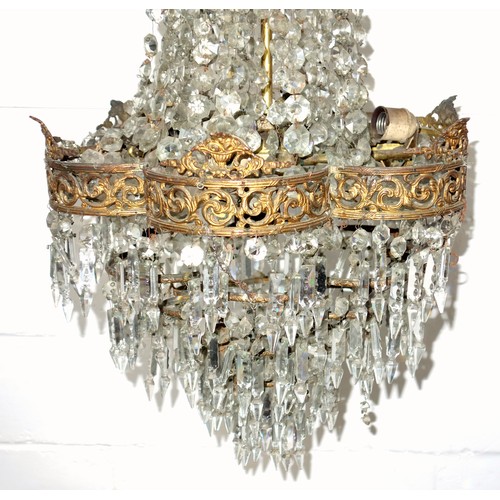 401 - Late 19th Century gilt brass hexafoil 5 light chandelier with pierced scroll and floral decoration, ... 