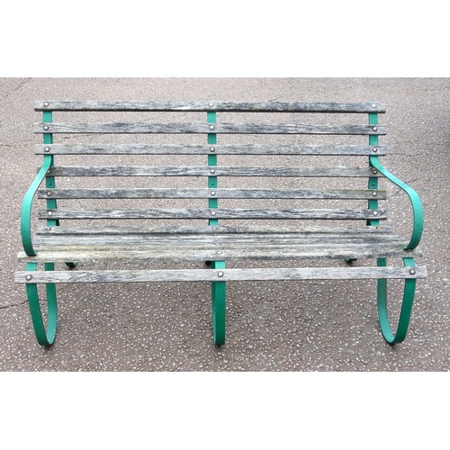 403 - Victorian style wrought iron bench with curved arms and teak slats, 85 x 152 x 82cm