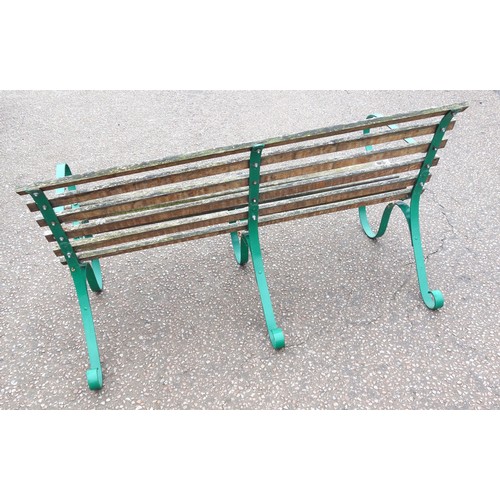 403 - Victorian style wrought iron bench with curved arms and teak slats, 85 x 152 x 82cm