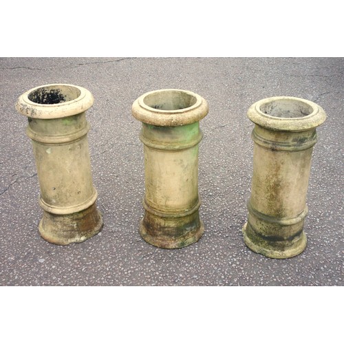 405 - Set of 3 Victorian buff clay cylindrical pots. each with ringed bands, on a spreading base, H.77cm, ... 