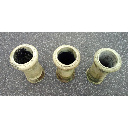 405 - Set of 3 Victorian buff clay cylindrical pots. each with ringed bands, on a spreading base, H.77cm, ... 