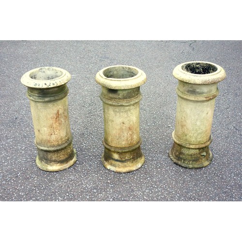 405 - Set of 3 Victorian buff clay cylindrical pots. each with ringed bands, on a spreading base, H.77cm, ... 