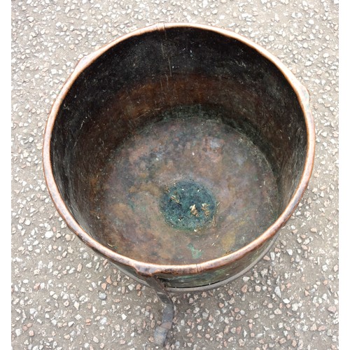 407 - Copper circular log bin with 3 wrought iron scroll legs, H.48.5 x Dia.49.5cm