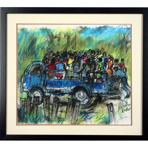 411 - Jennifer Whalley (20th/21st Century), ''Angola Taxi'', oil, pastels and boot polish on paper, signed... 