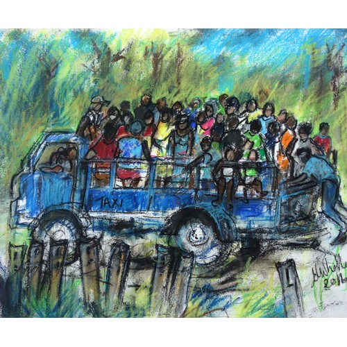 411 - Jennifer Whalley (20th/21st Century), ''Angola Taxi'', oil, pastels and boot polish on paper, signed... 