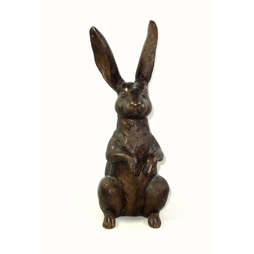 416 - A bronzed sculpture of a hare sat upright on hind legs, 20th century, unsigned, 41.5cm high.