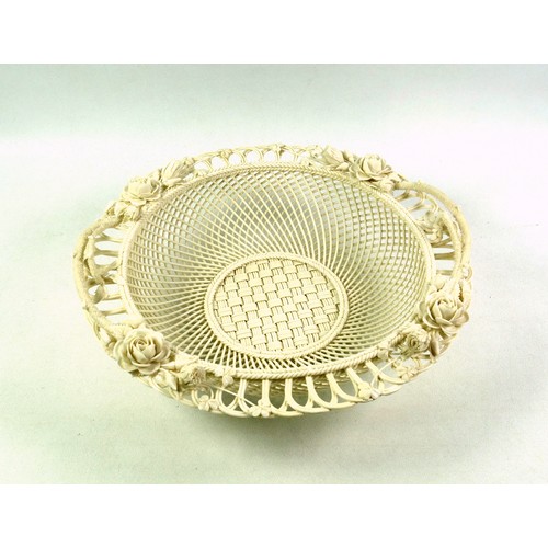 475 - Belleek pierced and latticework bowl with 2 handles naturalistically formed as rose stems, the rim w... 