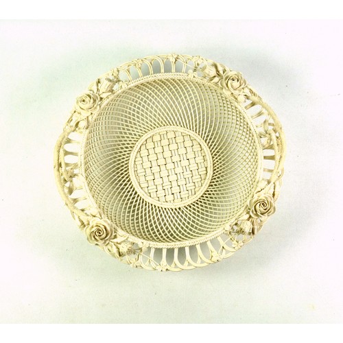 475 - Belleek pierced and latticework bowl with 2 handles naturalistically formed as rose stems, the rim w... 