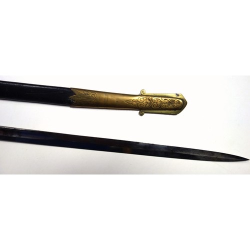 505 - British Royal Naval officers sword, 81.5cm unsigned blade, engraved, mottling and slight rust in one... 