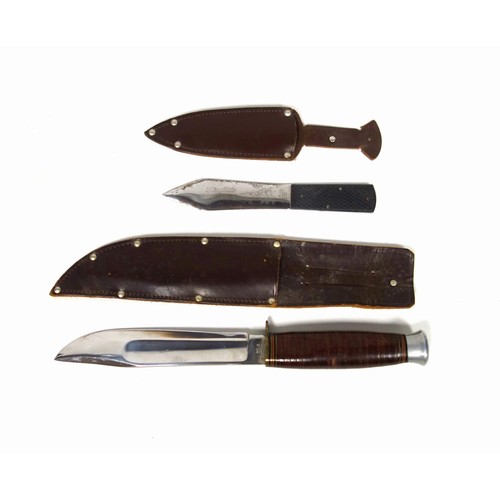 510 - A Vintage Hunting Knife in Leather Sheath together with a Throwing Knife, the blade inscribed 'Trufl... 