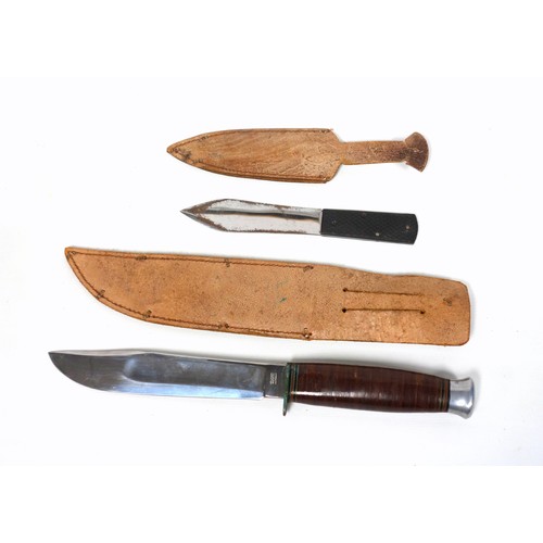 510 - A Vintage Hunting Knife in Leather Sheath together with a Throwing Knife, the blade inscribed 'Trufl... 