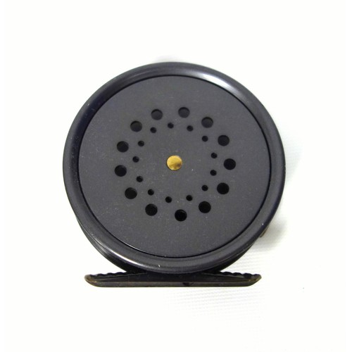 517 - A Hardy ''Perfect'' 3 1/8 Fly Reel in card box. Right hand wind with ribbed brass foot and ebonite h... 