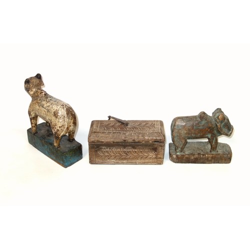 533 - Two Indian wooden crudely carved toy animals, 19th century or later, tallest 22cm high, and an India... 