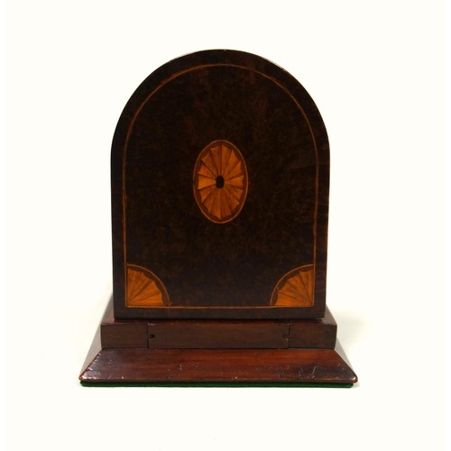 537 - Edwardian mahogany book stand with burr and figured adjustable arched ends inlaid with satinwood ova... 