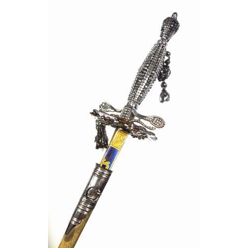 512 - 19th Century French Court sword with a blued and gilt triangular section blade engraved with motto 