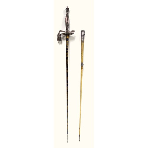 512 - 19th Century French Court sword with a blued and gilt triangular section blade engraved with motto 