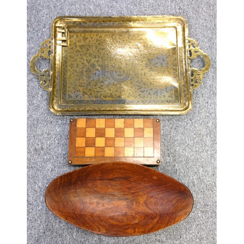 524 - Brass mounted oak cigar and cigarette box, W.30cm; Eastern nielloed brass bowl, teapot, 2 coffee pot... 