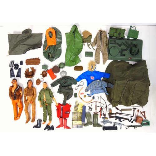 109 - Action Man - 3 figures including a Native American, and a small quantity of clothes and accessories,... 