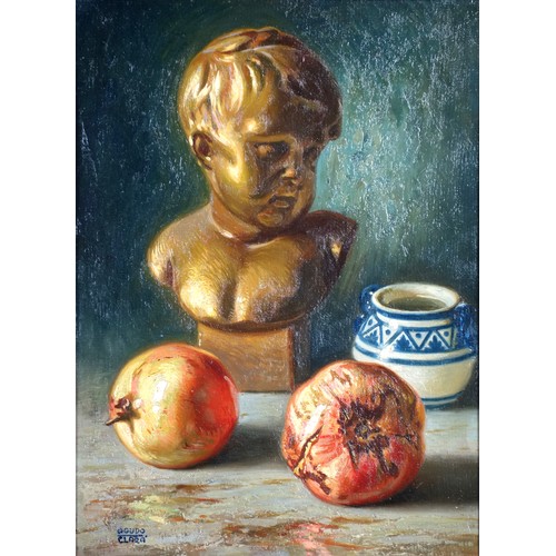 12 - Ignacio Agudo Clara (Spanish,1880-1966), still life, bust of a boy, pomegranates by a blue and white... 