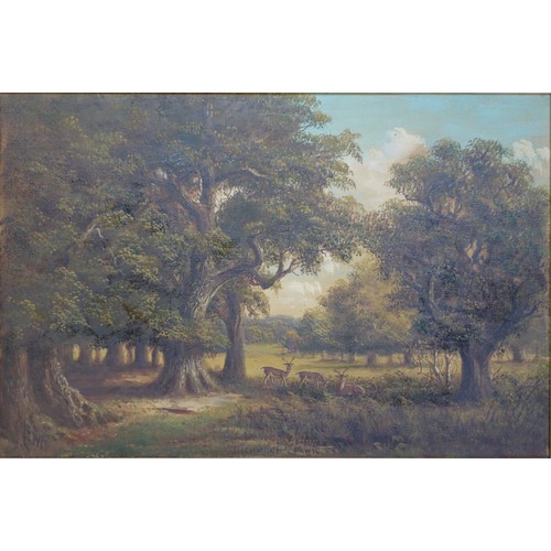 15 - James Isaiah Lewis (British, 1860-1934), 'RICHMOND PARK' with deer between trees, a similar scene un... 