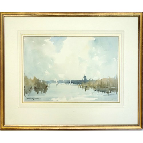 16 - Edward Wesson (British, 1910-1983), 'A Norfolk Broad', watercolour, signed, in gilt frame, gallery l... 