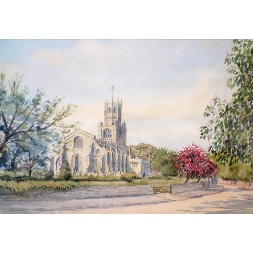 21 - J Saunders (British, 20th century), British church scene, watercolour, signed lower right, 22 x 29.5... 