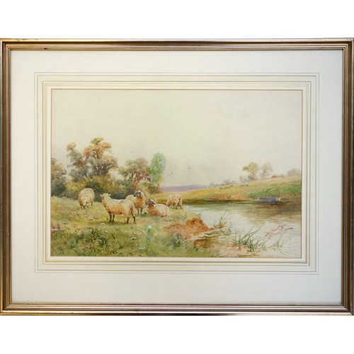 24 - J Barclay aka Horace Hammond (1842-1926), Rural scene of sheep by a riverbank, watercolour, signed, ... 