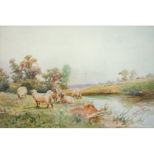 24 - J Barclay aka Horace Hammond (1842-1926), Rural scene of sheep by a riverbank, watercolour, signed, ... 