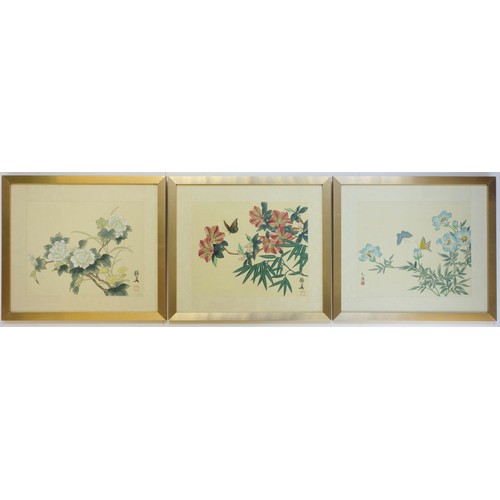 28 - Three Chinese framed watercolours on silk, signed, each frame 38 x 42.5cm. (3)