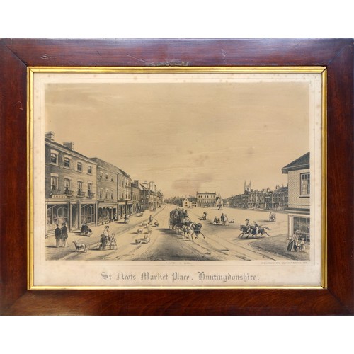 29 - A large framed print of St Neotts Market Place Huntingdonshire, in heavy wooden frame: 53 x 67cm, a ... 