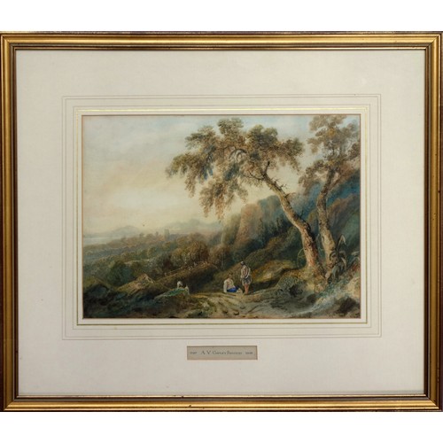 50 - Anthony Vandyke Copley Fielding (British, 1787-1855), Walkers on a mountain path, watercolour, signe... 