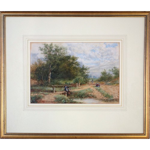 52 - Albert Lane (attributed)(British, 1857-1872), 'Children fishing by a stream', watercolour, monogramm... 