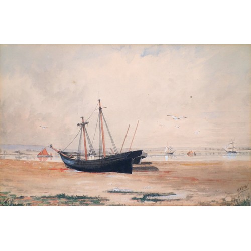 64 - A pair of 19th century gilt framed watercolours of moored ships, one of 'Entrance to Whitstable, Shi... 