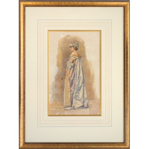 83 - Watercolour portrait of a female standing in pale blue silk robe and holding a fan, unsigned, late 1... 